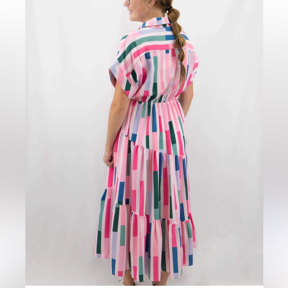 Entro Multi Colored Striped Tiered Midi Dress